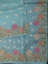 Blue Organza Saree With Parsi Thread Work And Multi Colour Border