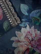 Navy Blue Tissue Organza Saree With Floral Design And Work Lace Border