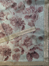 Ash Tissue Organza Saree With Floral Design And Elegant Work Lace Border