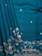 Teal Blue Chiniya Silk Saree With Small Butta Deer Border And Self Gold Zari