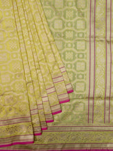 Weaves Banarasi Banarasi Jaal With Edgeing Yellow + Pink