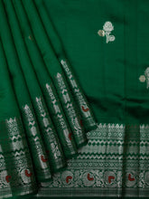 Green Chiniya Silk Saree With Gold Zari Butta & Contrast Silver Border