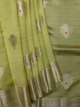 Light Green Chiniya Silk Saree – Silver Zari Butta With Contrast Border