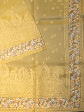 Yellow Organza Saree with Parsi Thread Work & Multi-Colour Border