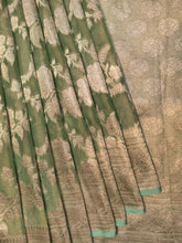 Mint Green Satin Crepe Tissue Georgette Saree With Silver Zari Border