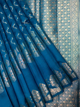 Anandha Blue Chiniya Silk Saree With All Over Weave And Self Gold Zari