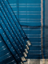 Teal Blue Chiniya Silk Saree With Horizontal Zari Lines And Self Zari