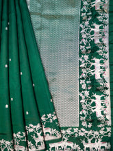 Bottle Green Chiniya Silk Saree With Small Butta Deer Border And Self Gold Zari