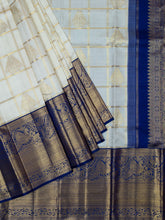 Kanjeevaram Kanchi Pattu All Over Checks With Butta Gold Zari (Talambralu) Cream + Dark-Blue