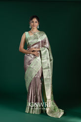 Champagne Pink Pista Green Kanchi Pattu Saree with Gold Zari