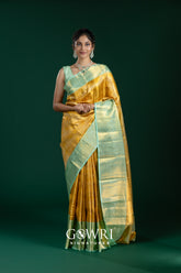 Yellow Sea Green Kanchi Pattu Saree with Elegant Gold Zari Work