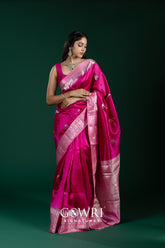 Rani Pink & Bubblegum Pink Chiniya Silk Saree – All Over Butti Weaving With Contrast Designer Border | Premium Fancy Saree