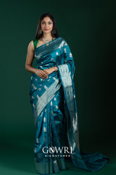 Teal Chiniya Silk Saree – All Over Designer Weave with Butti | Medium Designer Border | Fancy Premium Saree