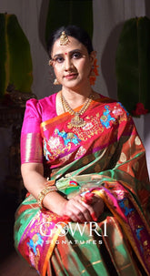 Gowri Signatures Fancy Saree - Pink & Green Elephant Motif Weave
