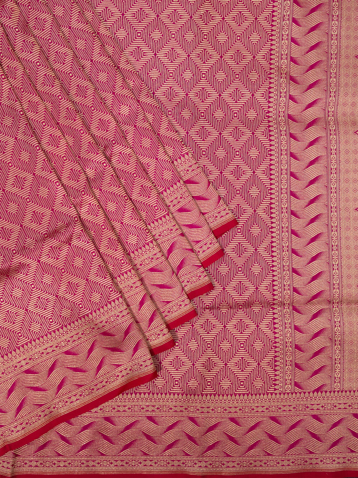 Weaves Banarasi Banarasi Jaal With Edgeing Rani Pink + Red