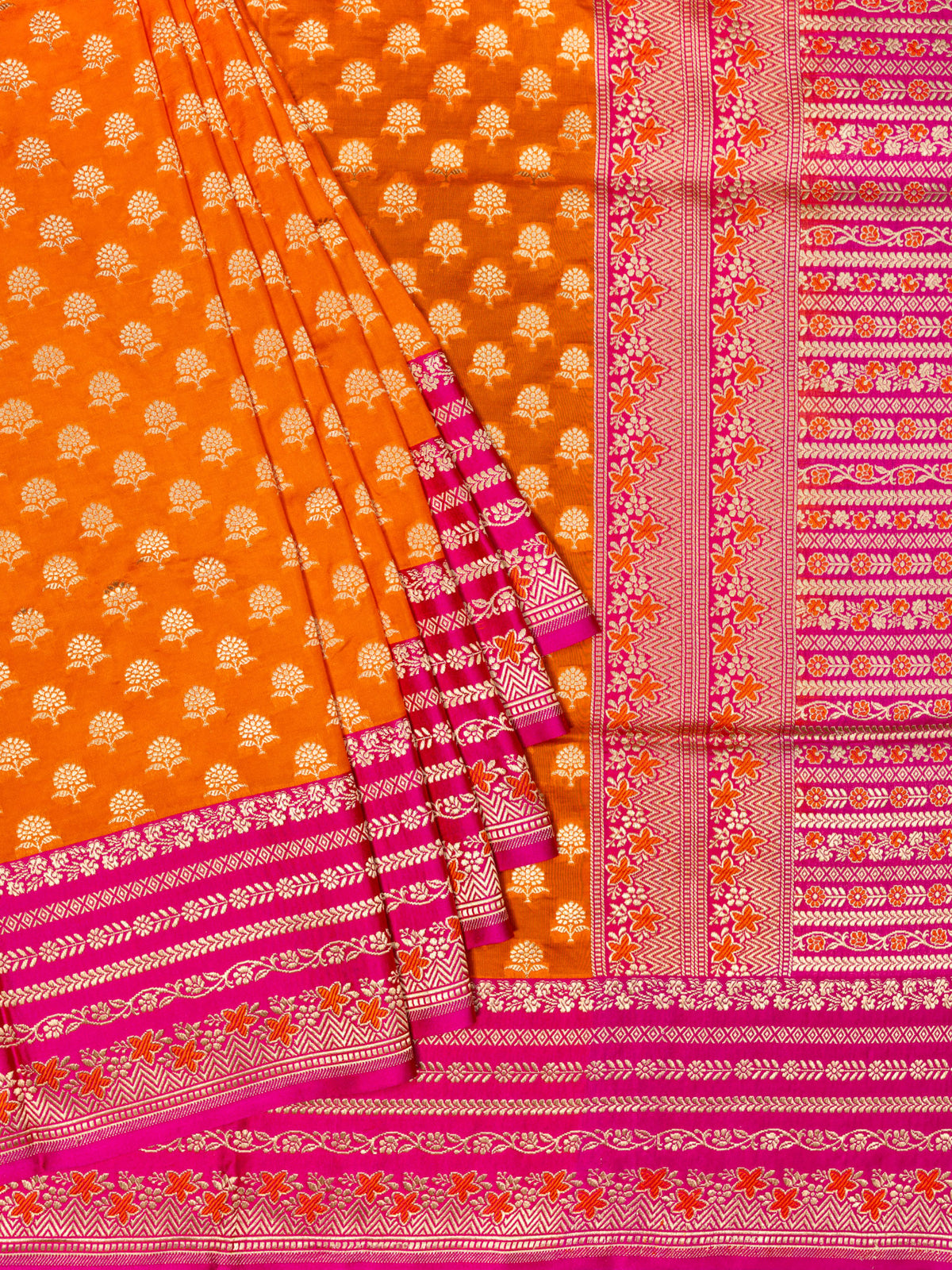 Banarasi Butta Saree Orange Pink Gold Zari Unstitched