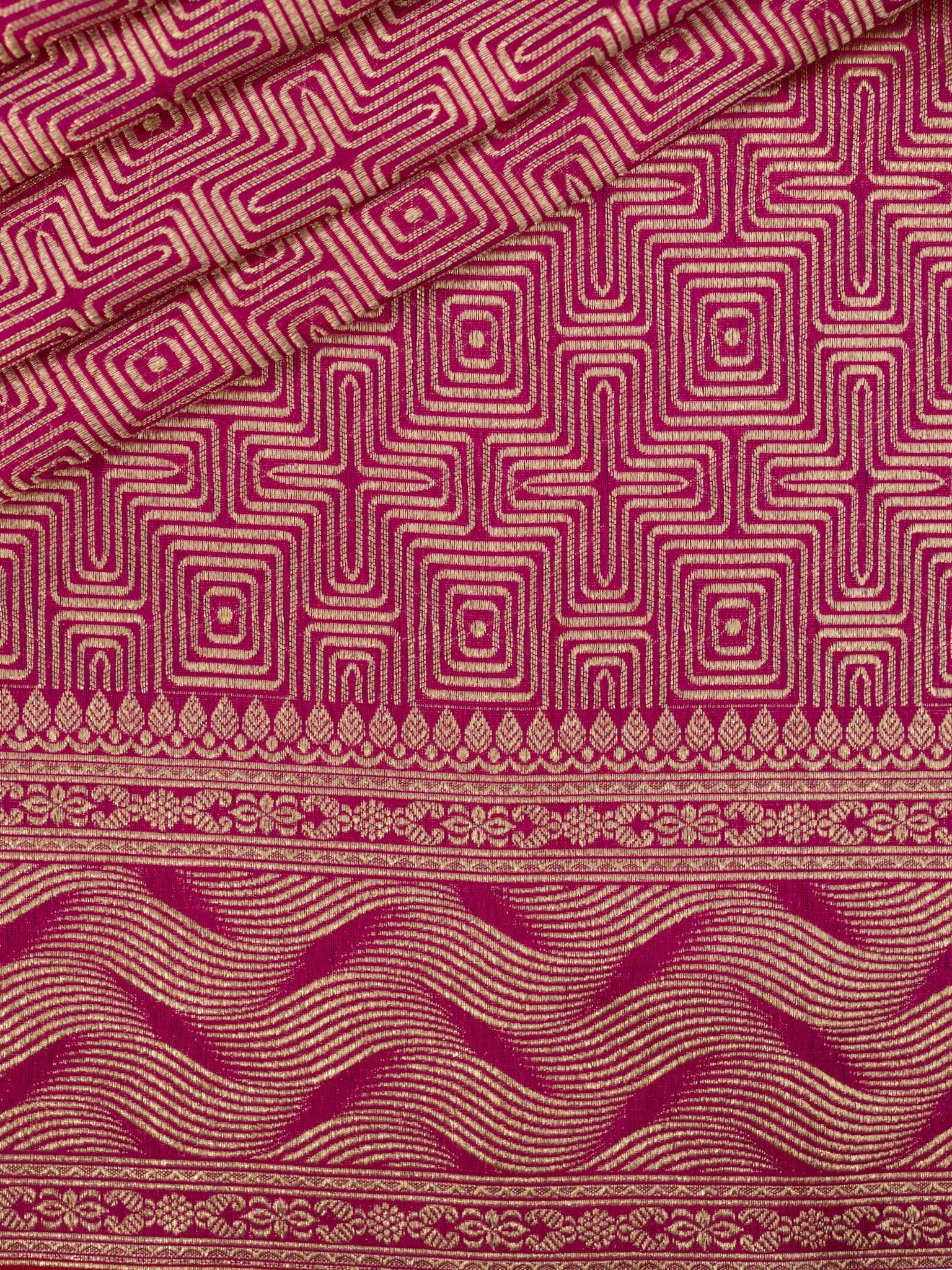 Weaves Banarasi Banarasi Jaal With Edgeing Rani Pink + Red