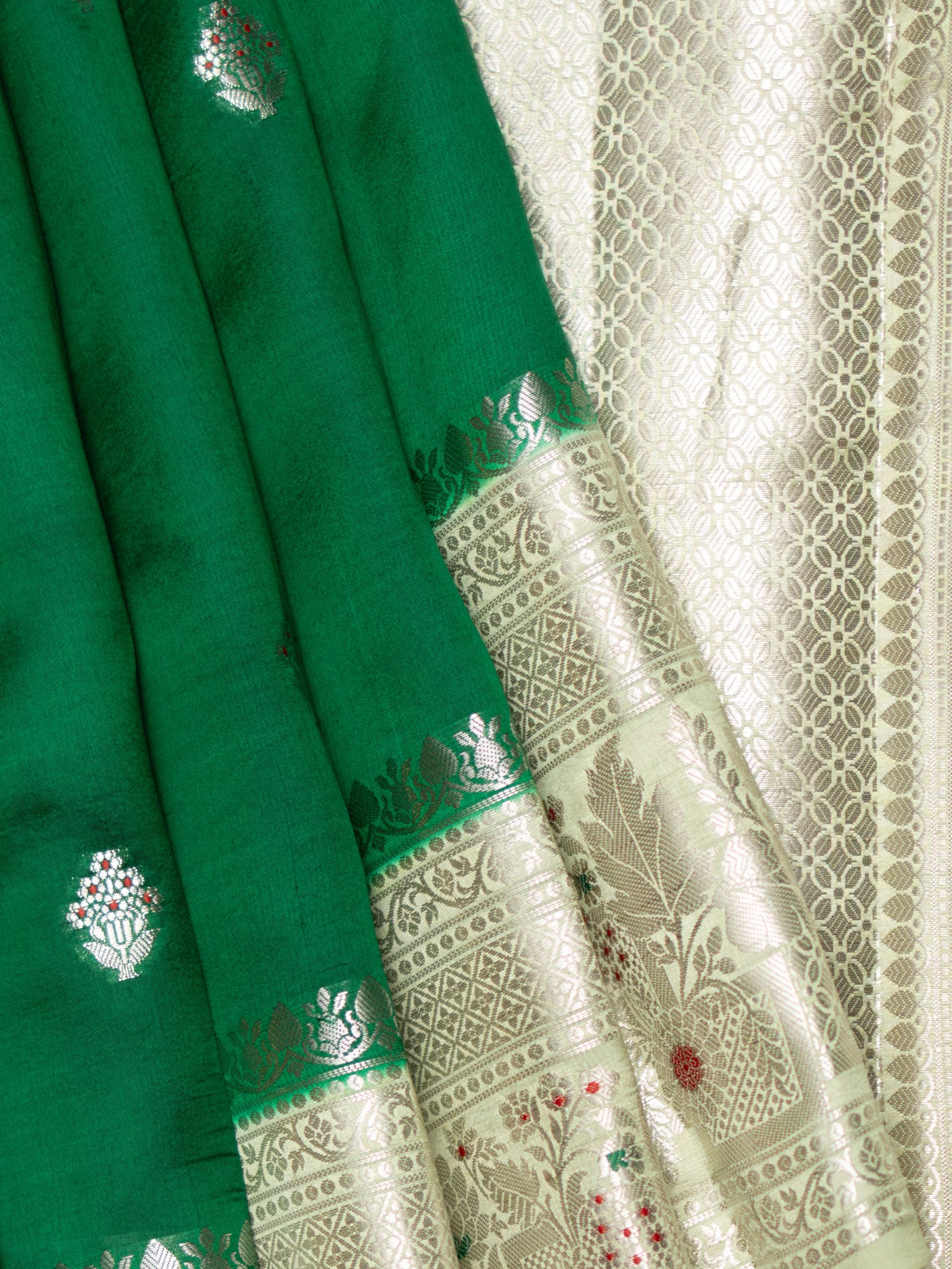 Bottle Green & Pista Green Chiniya Silk Saree – Fancy Butta Weave With Silver Zari & Meenakari Border