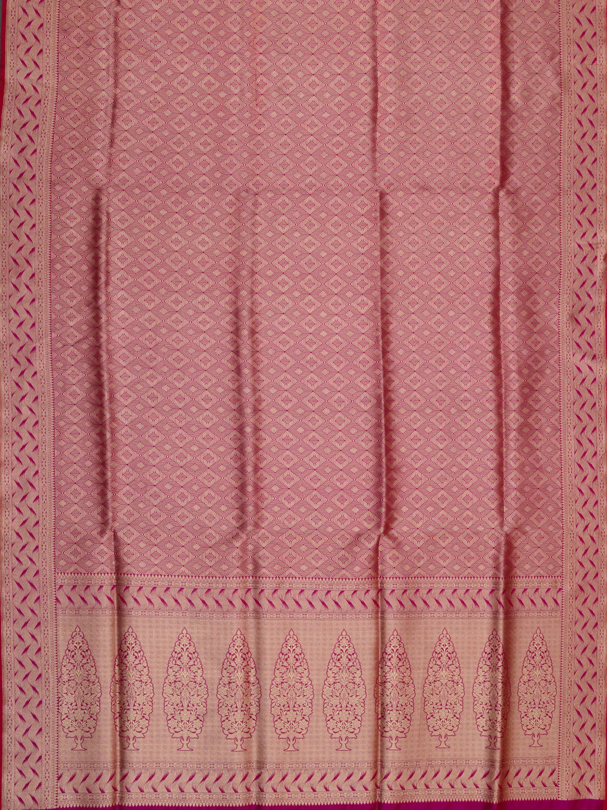 Weaves Banarasi Banarasi Jaal With Edgeing Rani Pink + Red