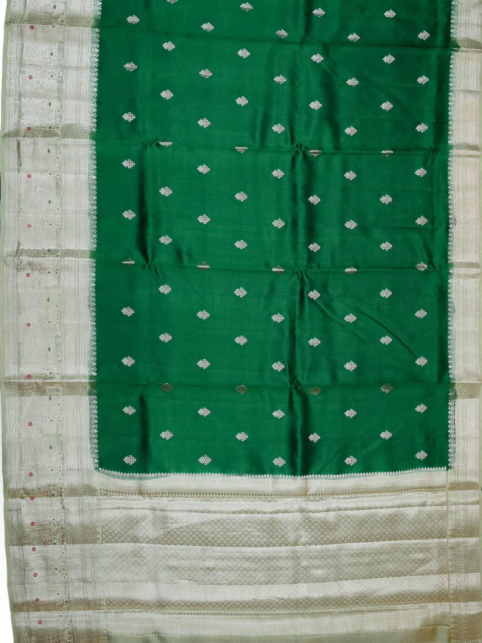 Bottle Green & Pista Green Chiniya Silk Saree – Fancy Butta Weave With Silver Zari & Meenakari Border