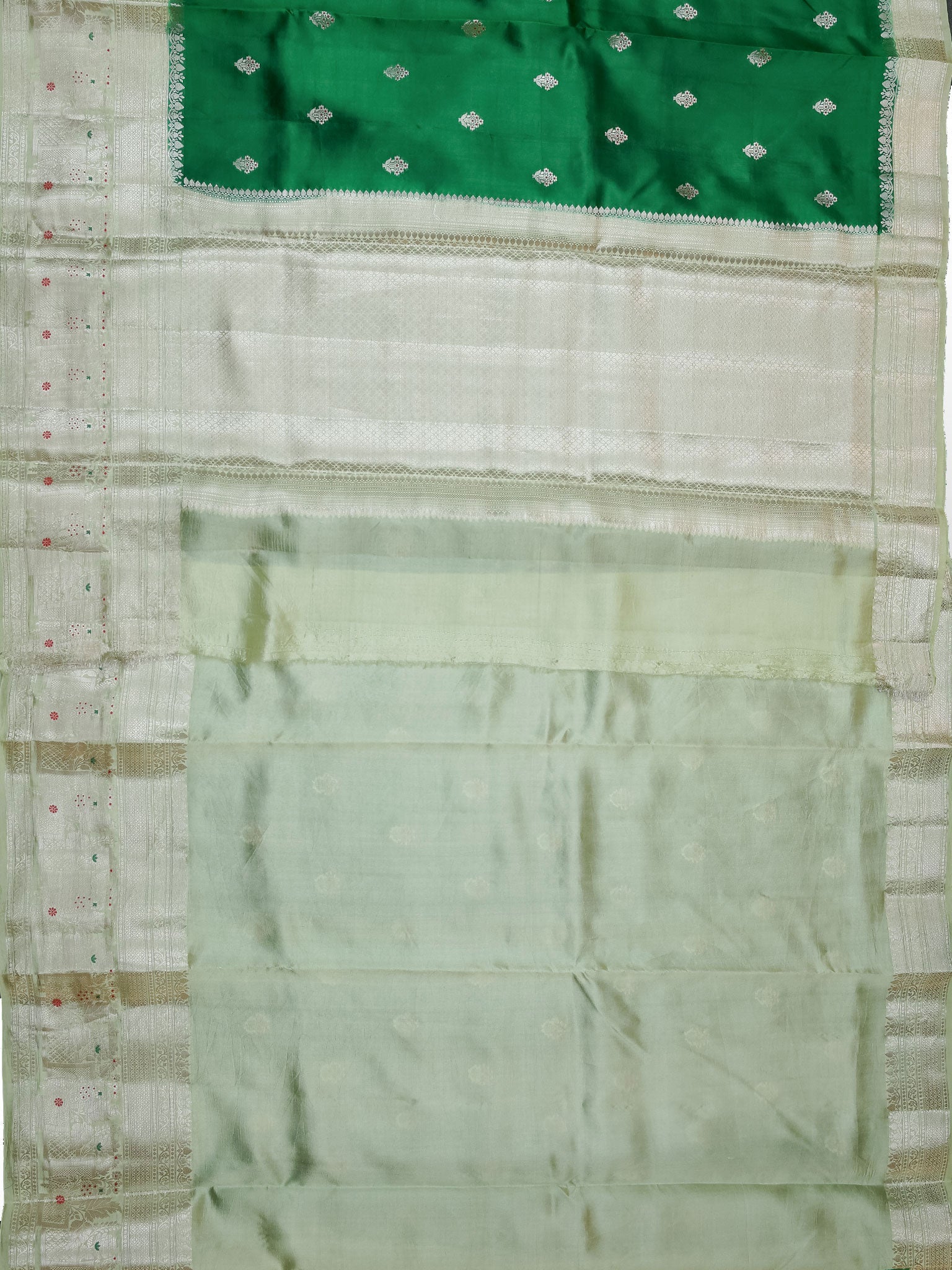 Bottle Green & Pista Green Chiniya Silk Saree – Fancy Butta Weave With Silver Zari & Meenakari Border