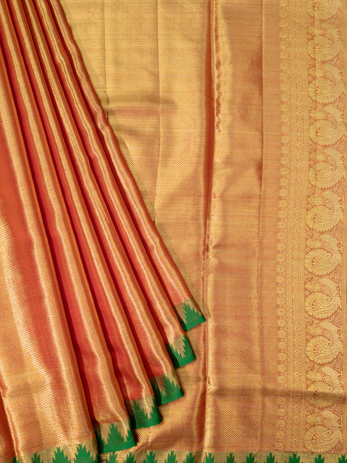 Kanjeevaram Kanchi Pattu Matte Finish With Contrast Temple Border Orange + Bottle Green