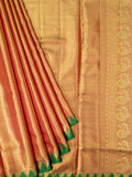 Kanjeevaram Kanchi Pattu Matte Finish With Contrast Temple Border Orange + Bottle Green