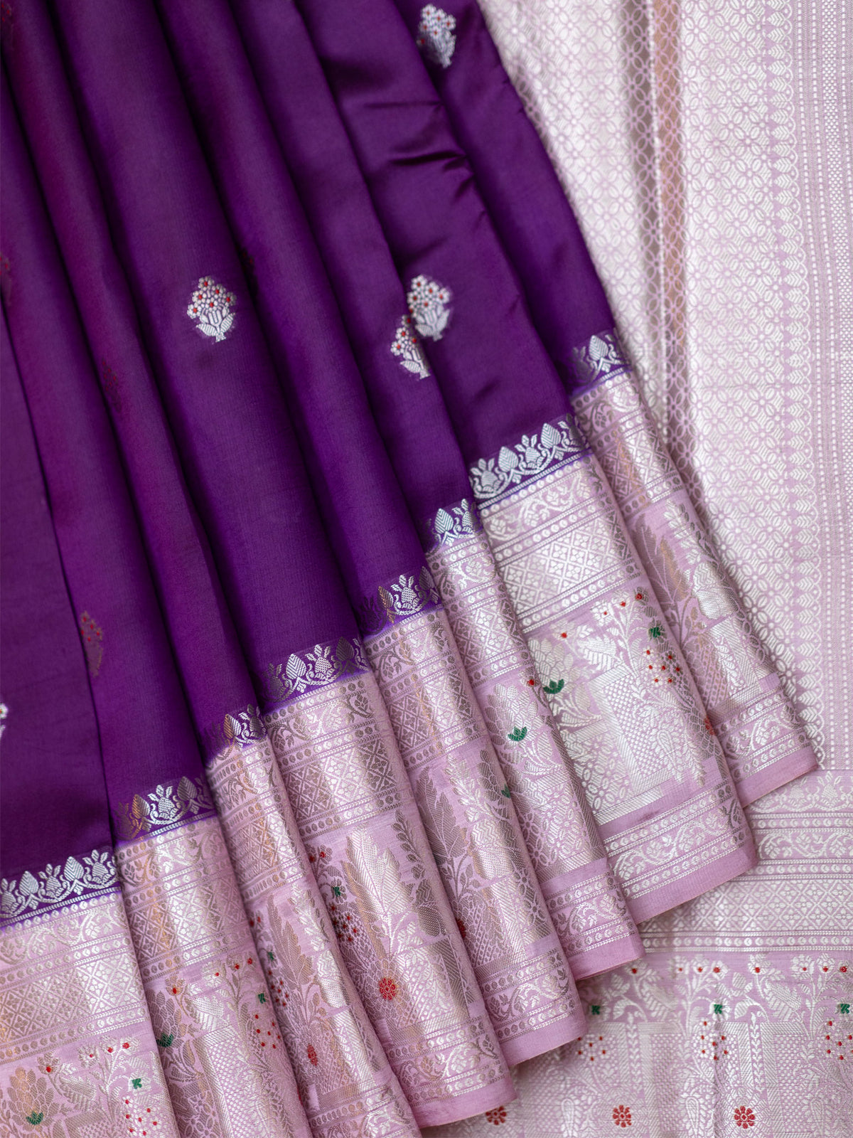 Purple & Lilac Chiniya Silk Saree – Fancy Butta Weave With Silver Zari & Contrast Meenakari Border