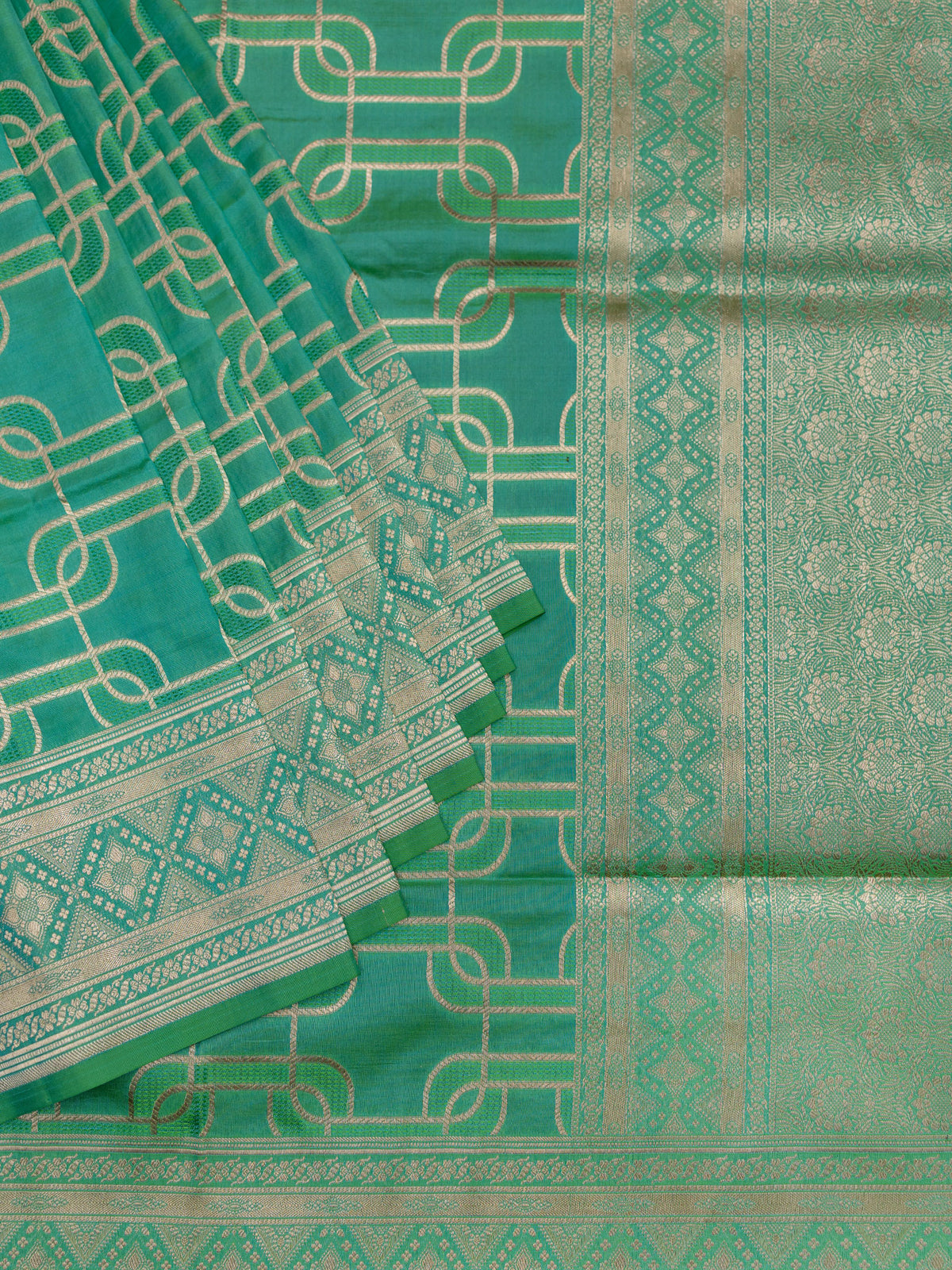 Banarasi Jaal Saree Green Gold Zari Unstitched