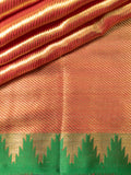 Kanjeevaram Kanchi Pattu Matte Finish With Contrast Temple Border Orange + Bottle Green