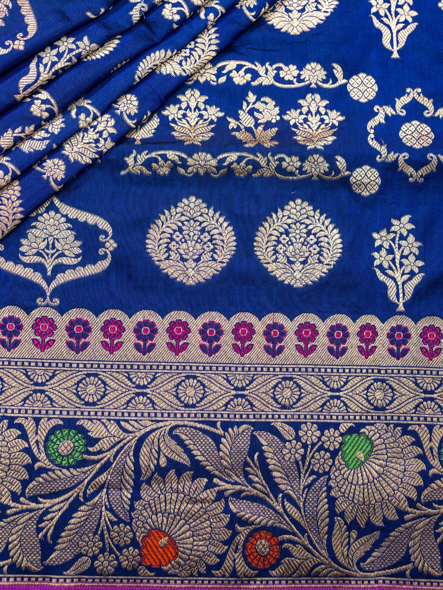 Weaves Banarasi Banarasi Jaal With Edgeing Royal Blue + Purple