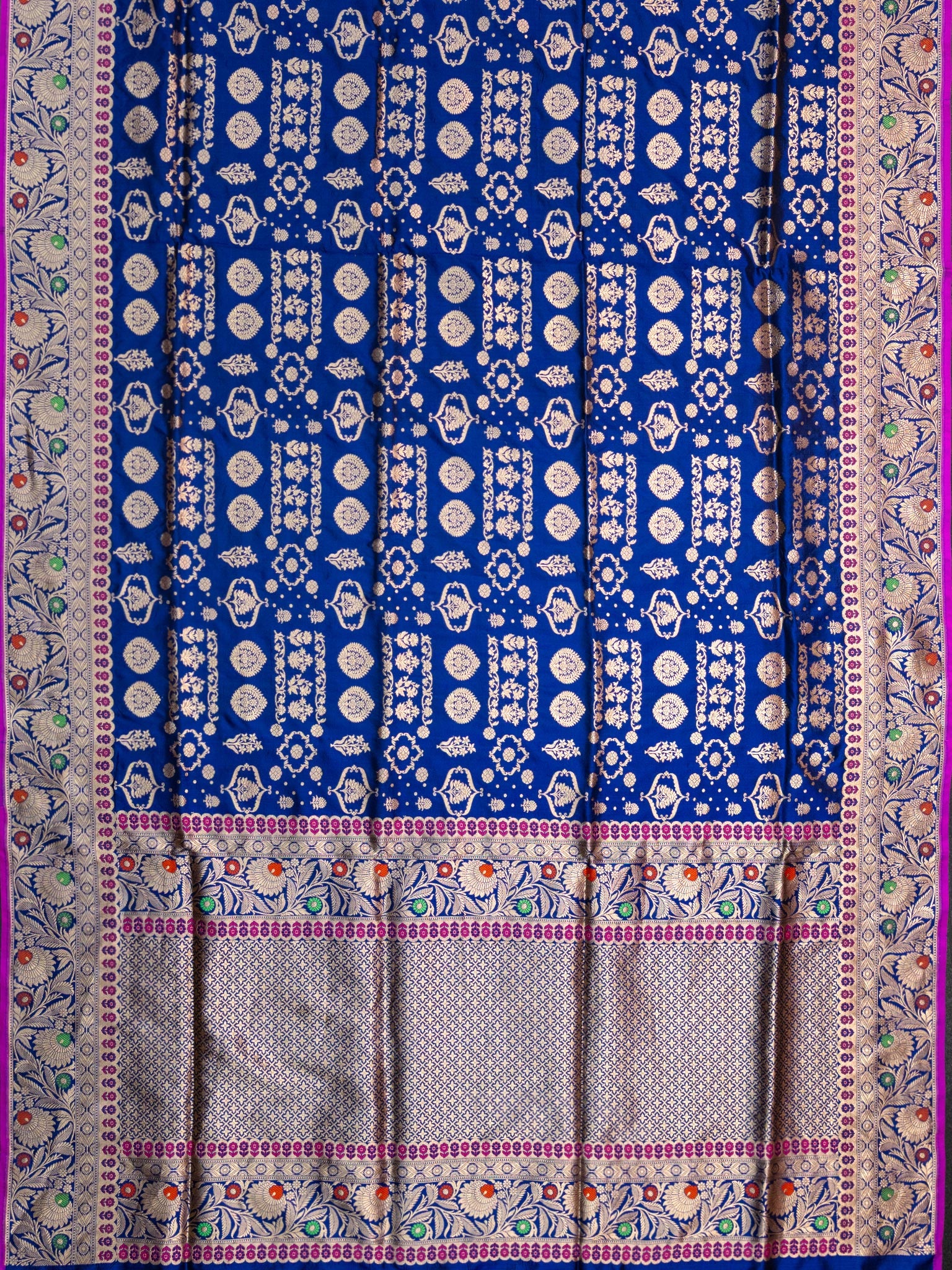 Weaves Banarasi Banarasi Jaal With Edgeing Royal Blue + Purple