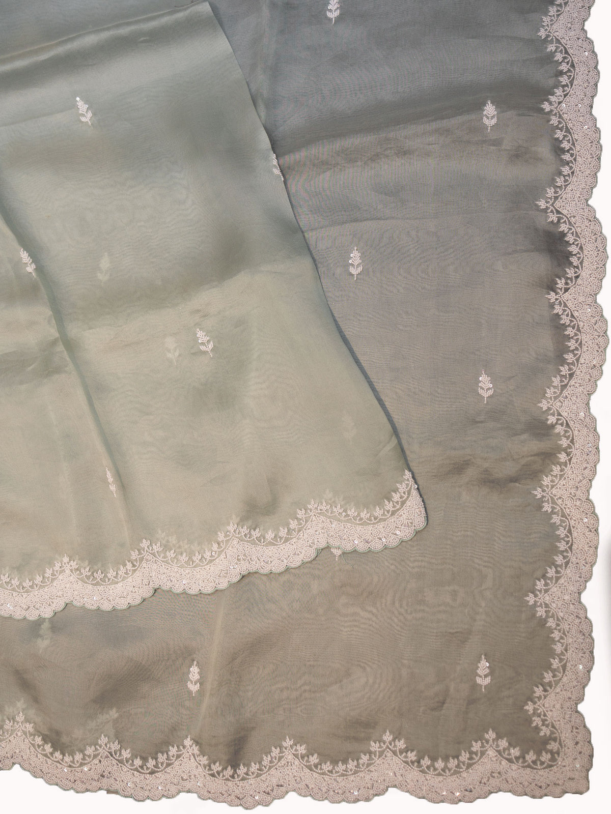 Mint Green Organza Saree With Pearl Work, Pearl Border & Scallop Detailing