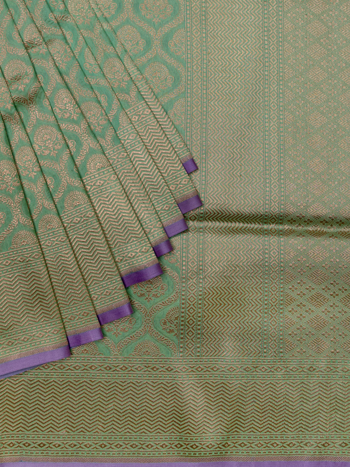 Sea Green Banarasi Jaal Saree with Gold Zari Border