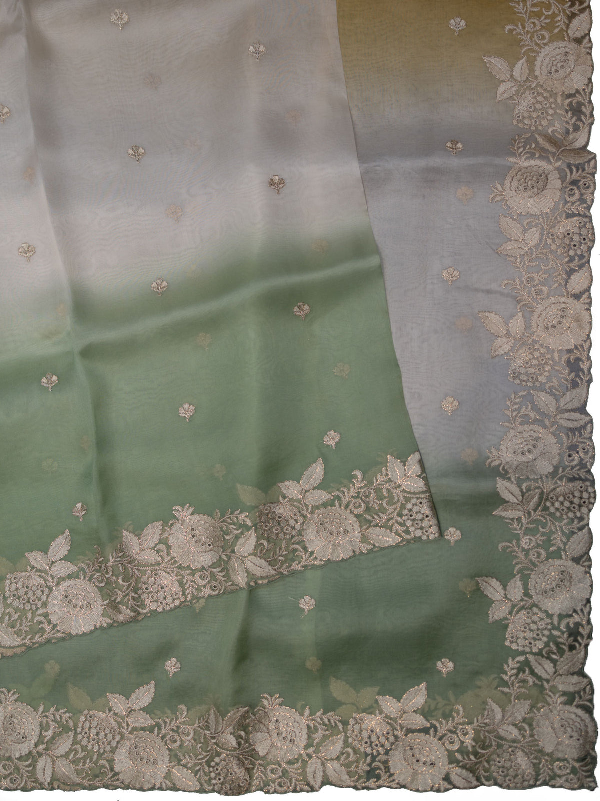 White, Yellow & Green Organza Saree with Butta, Cutwork & Thread Work