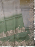 White, Yellow & Green Organza Saree with Butta, Cutwork & Thread Work