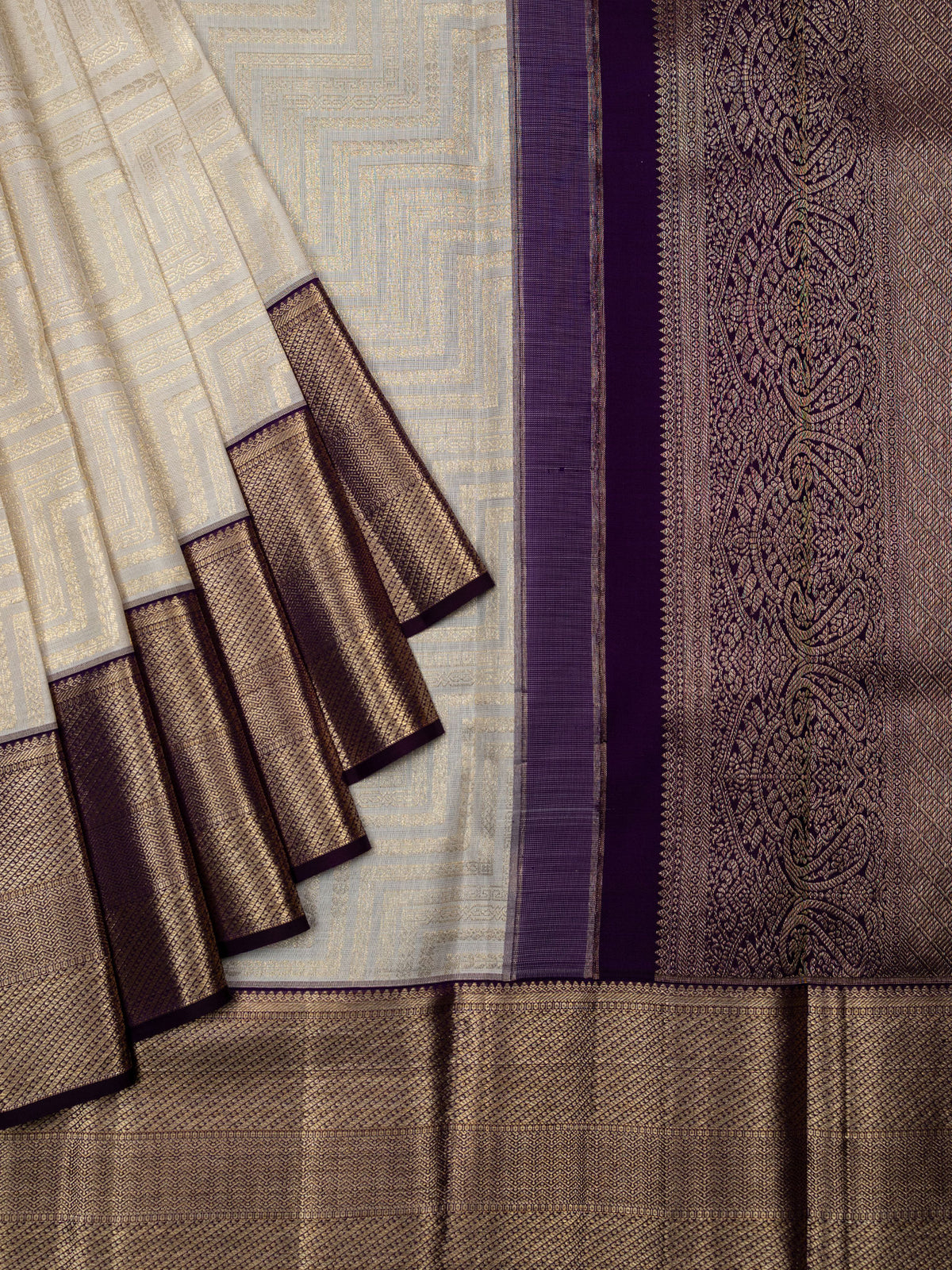 Kanjeevaram Kanchi Pattu All Over Butta Zari With Contrast Border (Talambralu) White + Purple