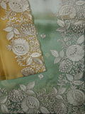 White, Yellow & Green Organza Saree with Butta, Cutwork & Thread Work