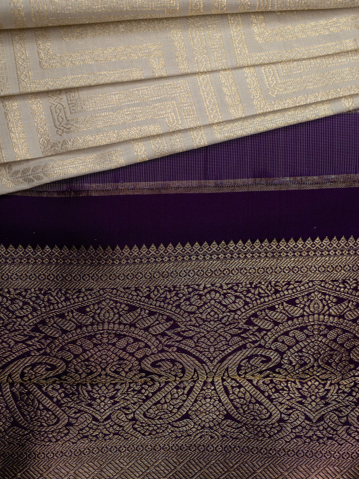 Kanjeevaram Kanchi Pattu All Over Butta Zari With Contrast Border (Talambralu) White + Purple