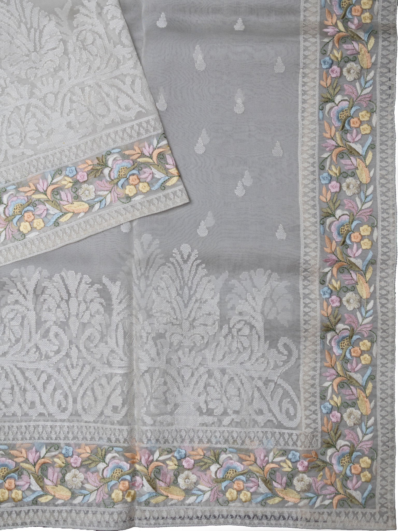 White Organza Saree With Elegant Parsi Thread Work And Multi Colour Border