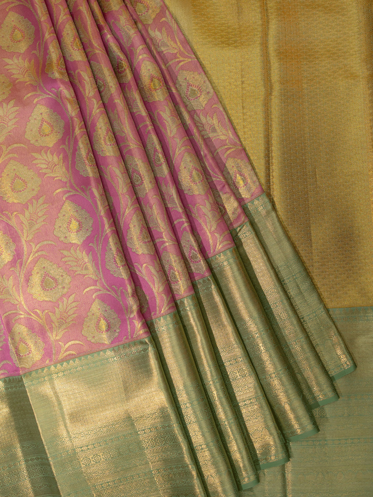 Kanjeevaram Tissue Kanchi Pattu All Over + Kanchi Border Pink + Pista Green