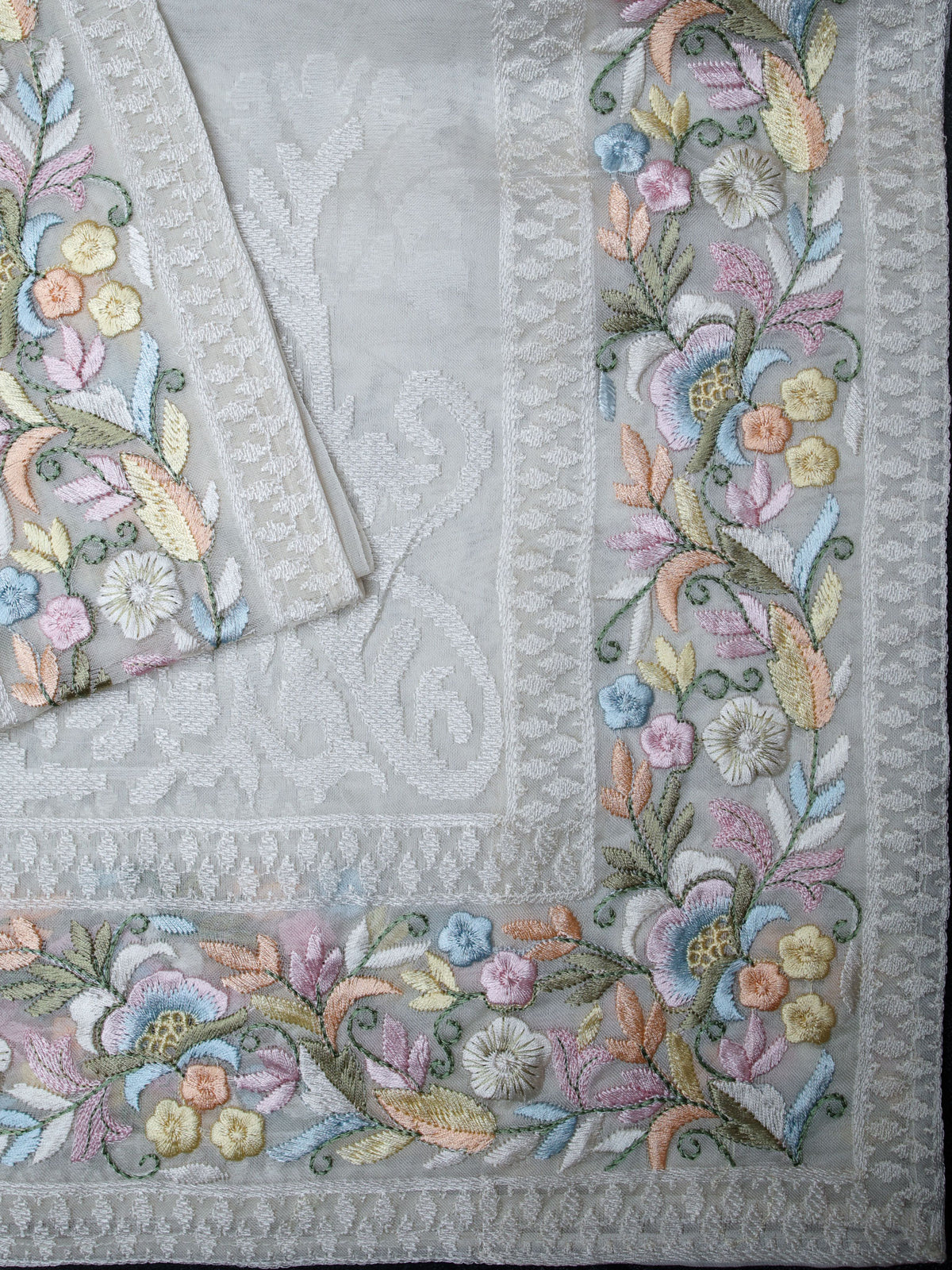 White Organza Saree With Elegant Parsi Thread Work And Multi Colour Border