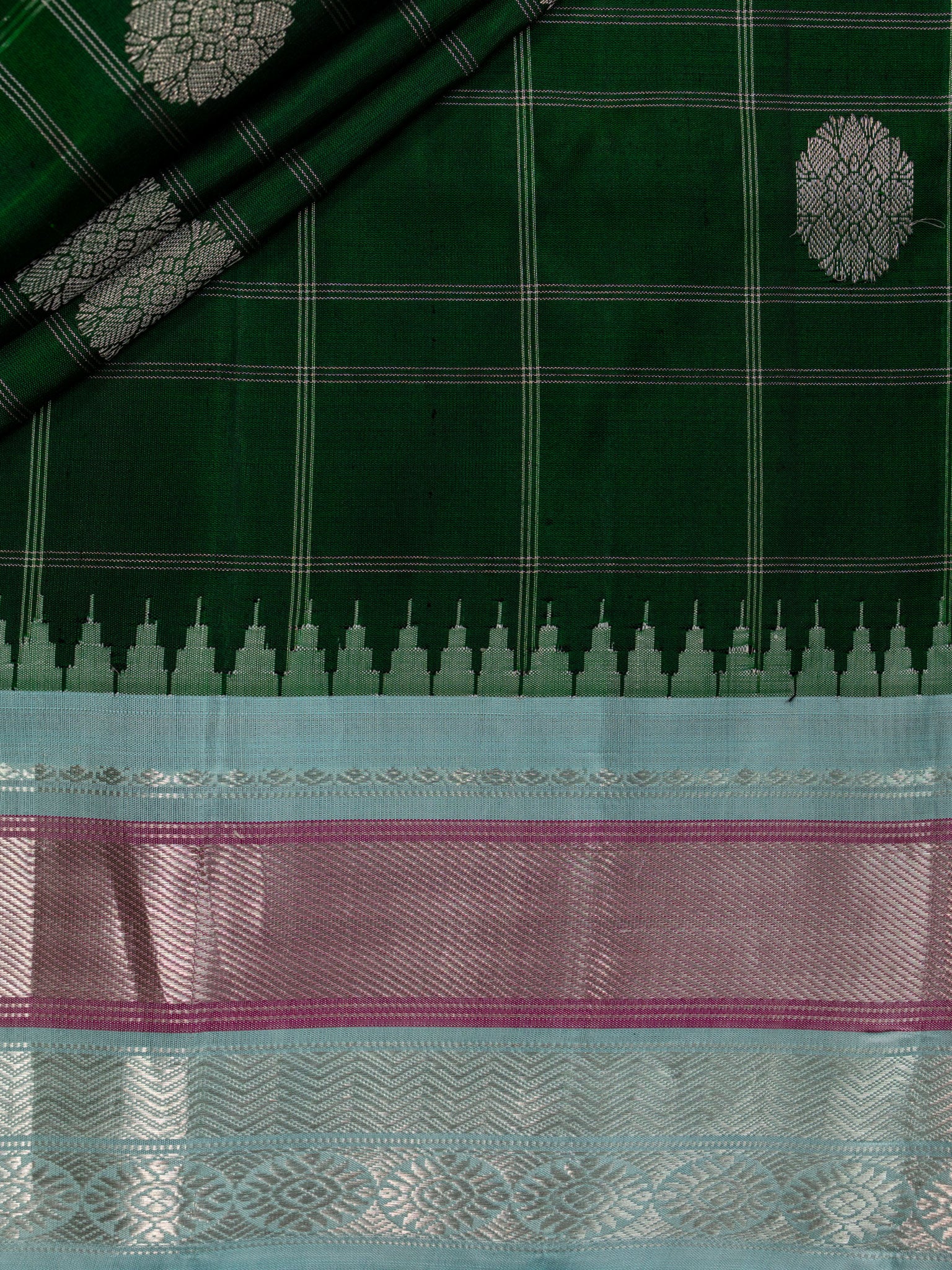 Weaves Gadwal Pattu With Contrast Border With Temple Border With Butta Checks