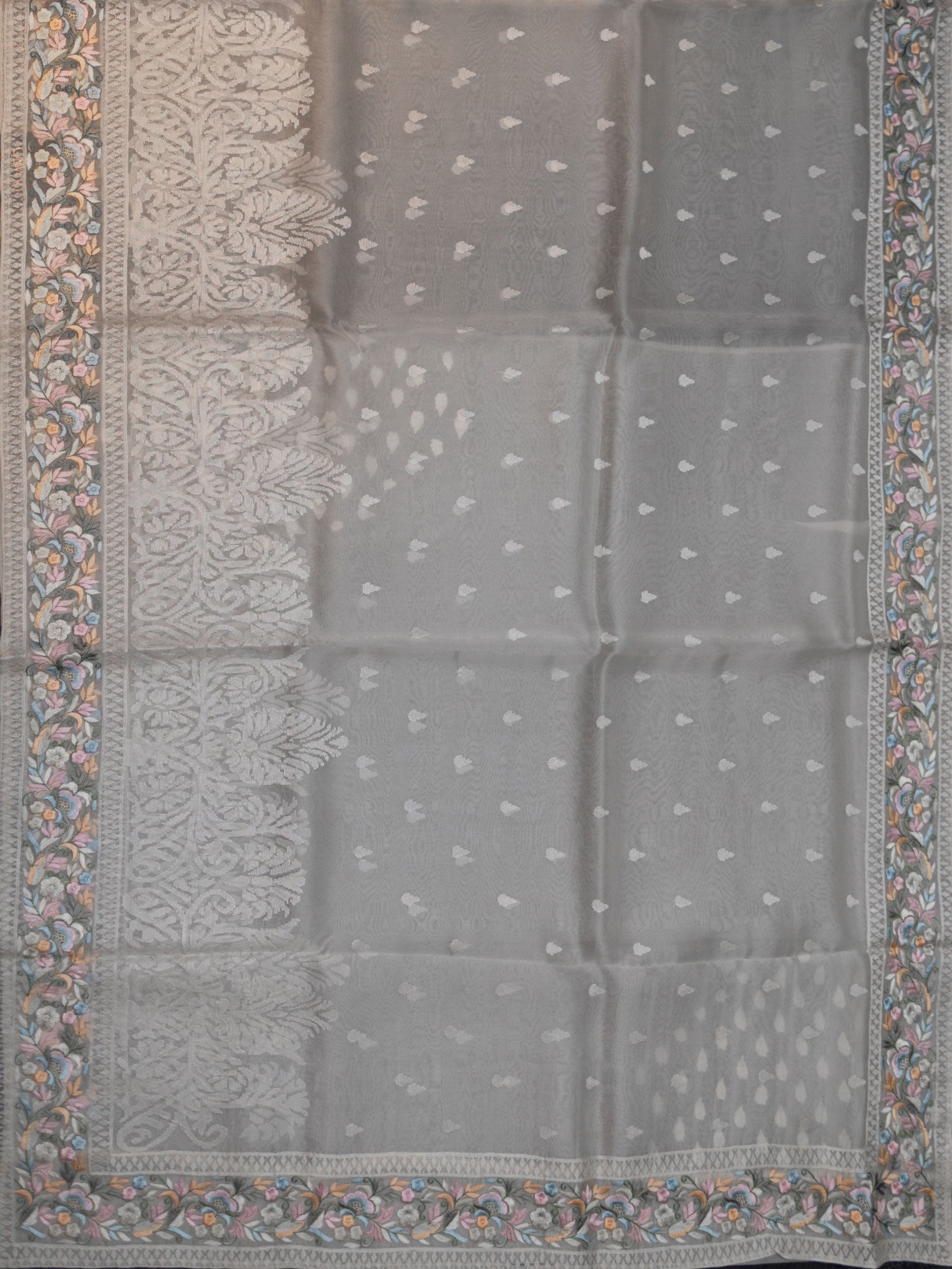 White Organza Saree With Elegant Parsi Thread Work And Multi Colour Border