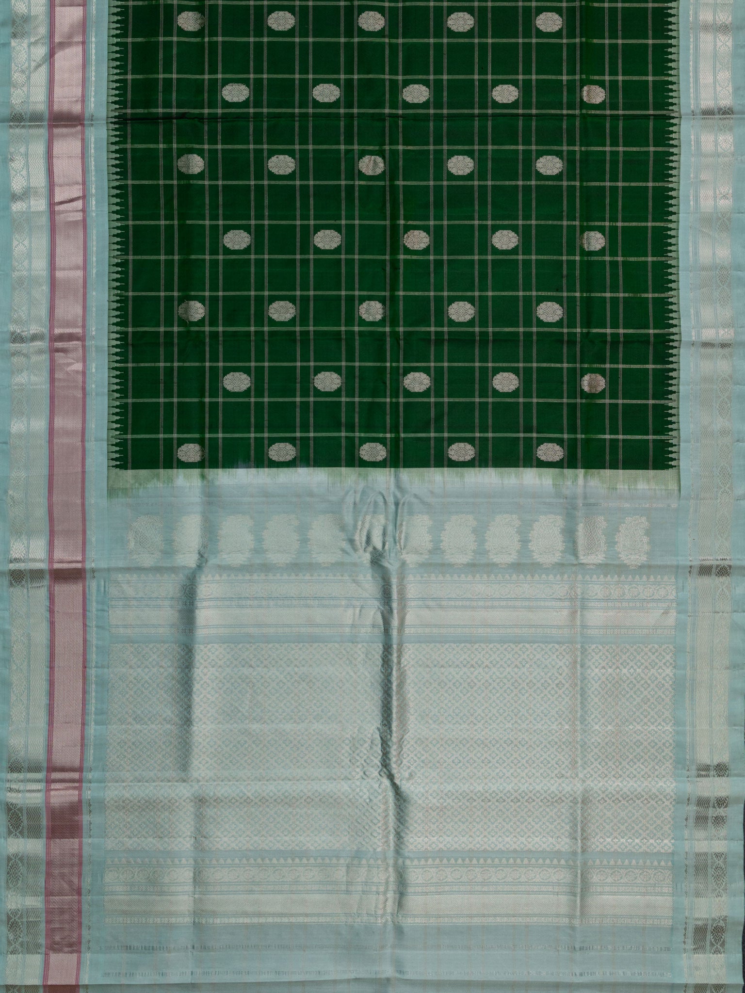 Weaves Gadwal Pattu With Contrast Border With Temple Border With Butta Checks