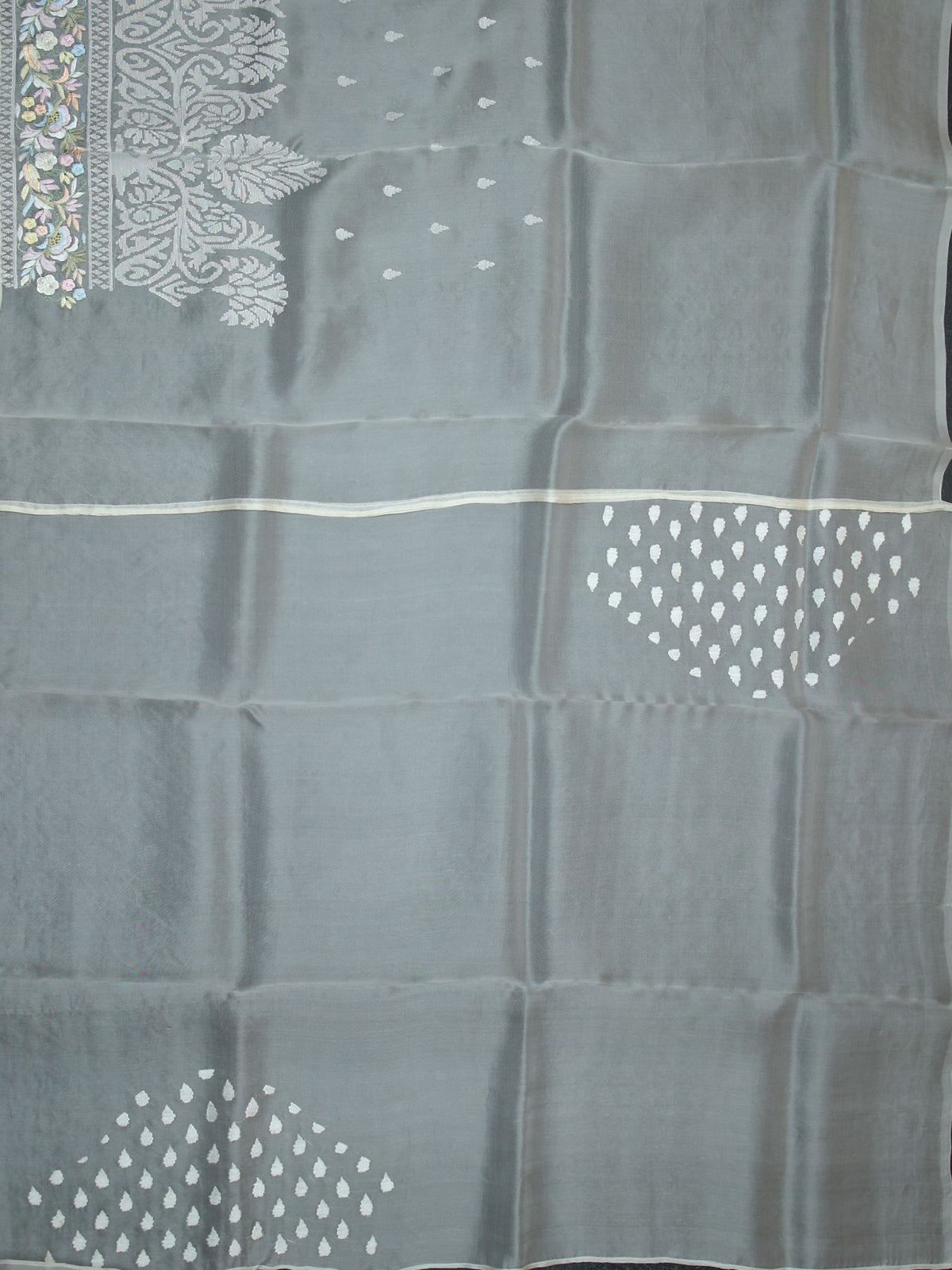 White Organza Saree With Elegant Parsi Thread Work And Multi Colour Border
