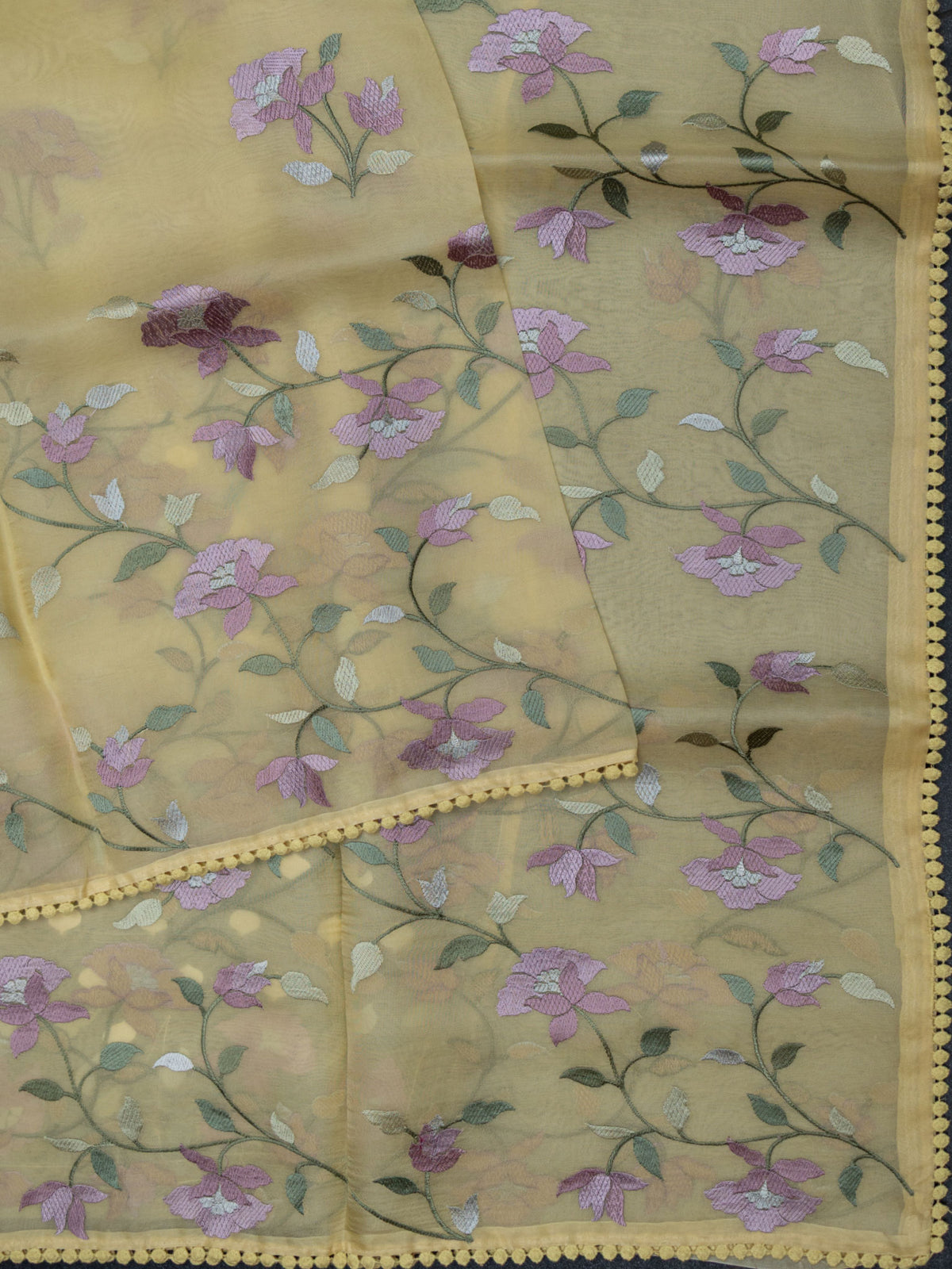 Yellow Organza Saree With Parsi Thread Work And Multi Colour Border