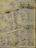 Yellow Organza Saree With Parsi Thread Work And Multi Colour Border