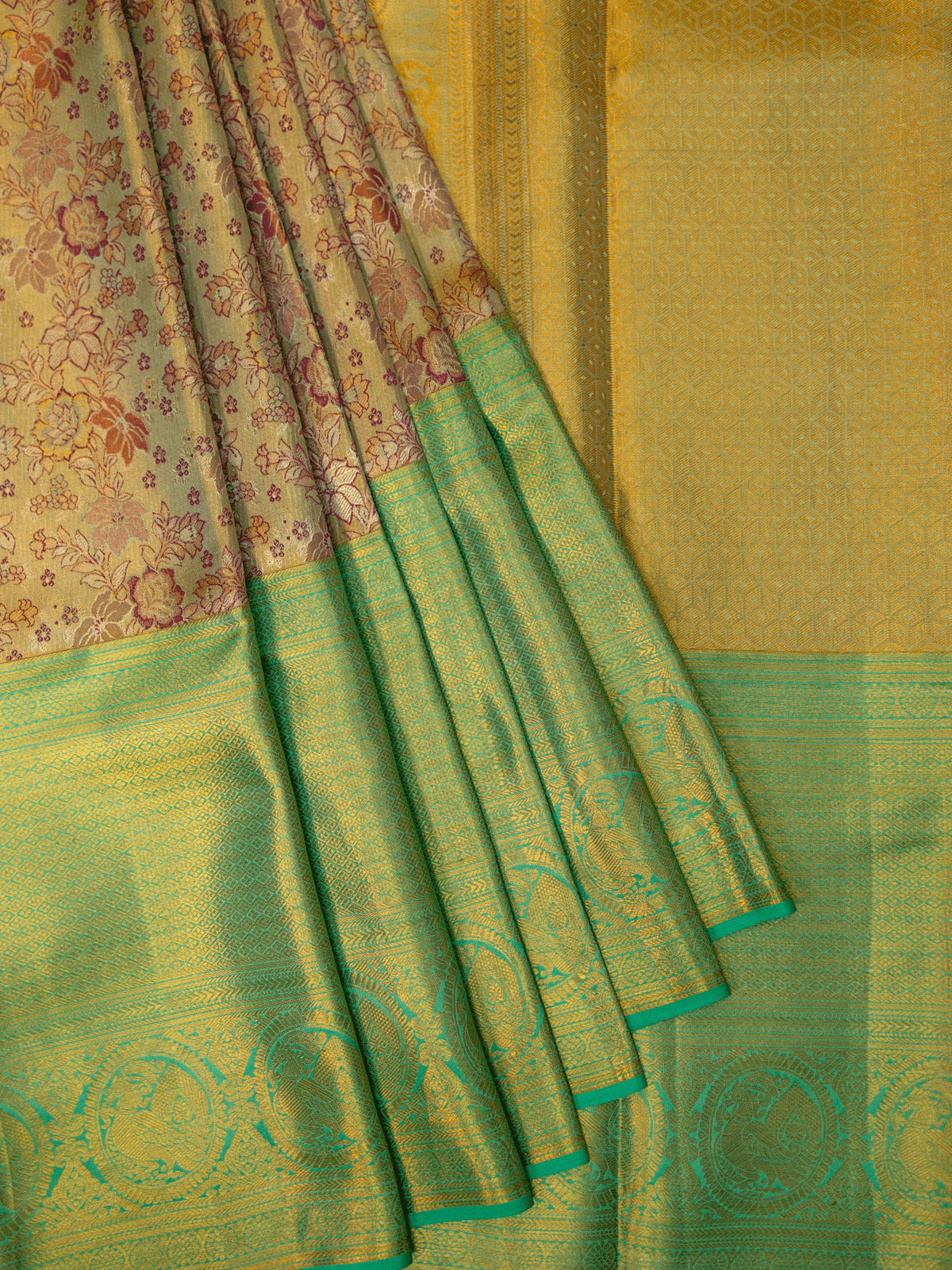 Kanjeevaram Tissue Kanchi Pattu All Over + Kanchi Border Pista Green + Sea Blue