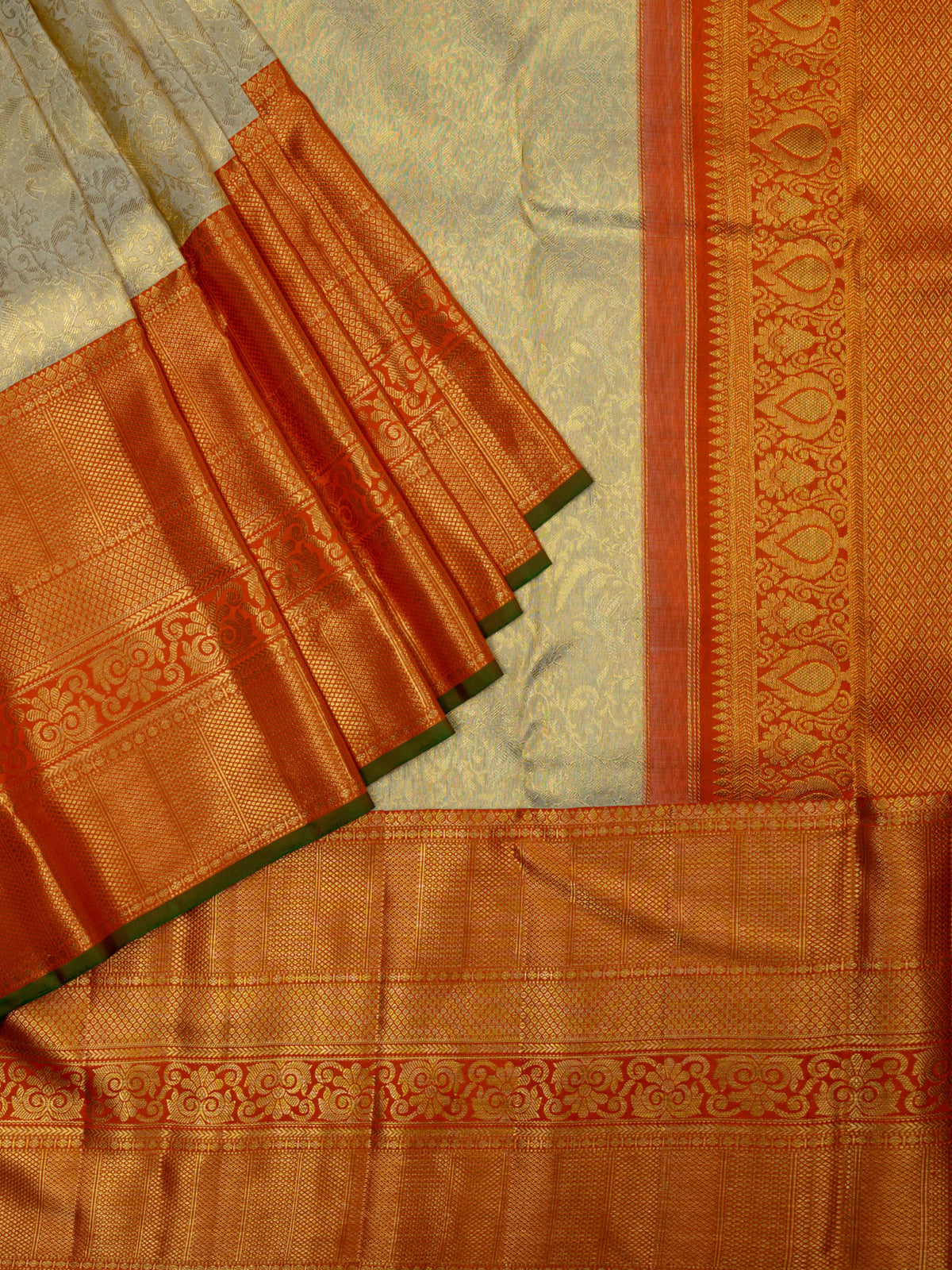 Kanjeevaram Kanchi Pattu All Over Butta Gold Zari With Contrast Border & Edgeing (Talambralu) Cream + Orange + Green